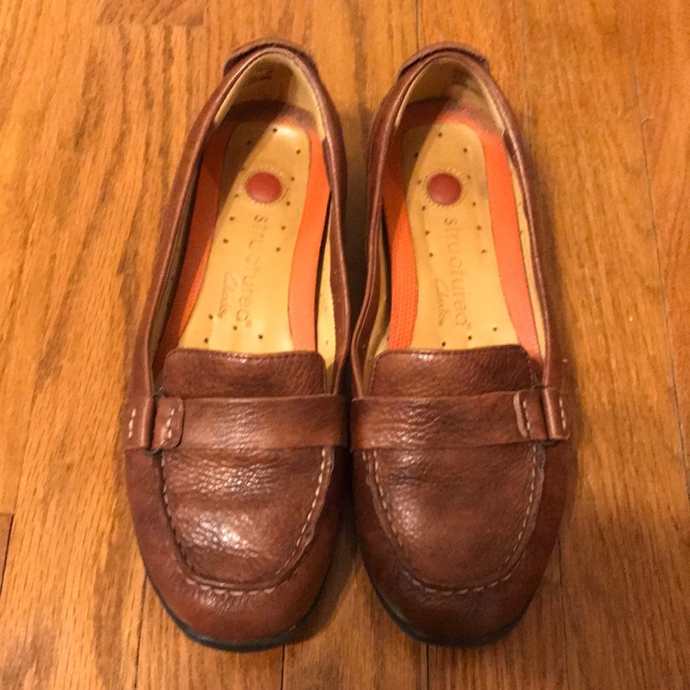 Clark’s brown leather loafers
